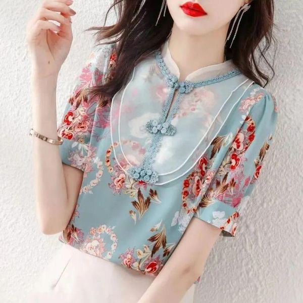 Frauenblusen Frauen Herbst Sommerhemden Lady Mode Chinesische Stil Kurzarm Mandarin Kragen Druck Blusas Tops G2848