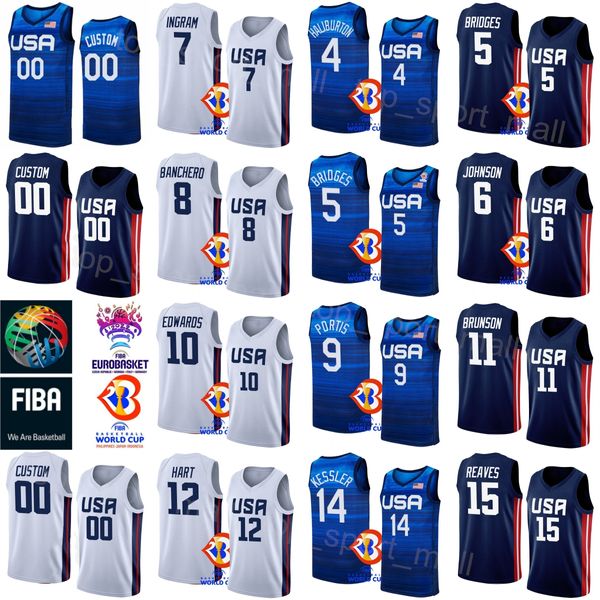 Imprimir basquete dos EUA 2023 Copa do mundo 10 Anthony Edwards Jersey 7 Brandon Ingram 14 Walker Kessler 12 Josh Hart 6 Cameron Johnson 8 Paolo Banchero 13 Jaren Jackson Jr.