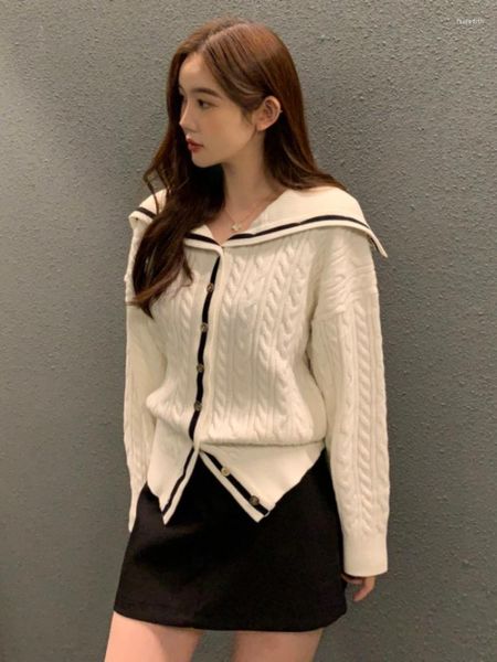 Maglioni femminili Korobov Corea Contrasto di moda Magli a colori Navy Collar Cardigan Vintage Casual Temperament Knitwear tick femme Hiver