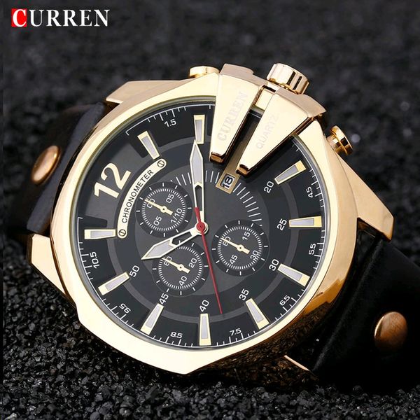 Relógios de pulso Curren Brand 8176 Cronógrafo Big Dial Men Watches Luxury Gold Masculino Assista a Moda Moda Correia de couro ao ar livre Sports Sportswatch 230822