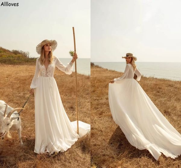 Cowgirl hippie di campagna occidentale a linea abiti da sposa a maniche lunghe in chiffon abiti da sposa in pizzo eleganti boho giardino v collo