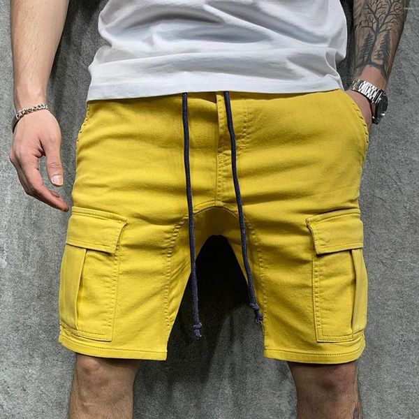 Calça mecânica de shorts masculinos para homens masculinos casuais calça média calça sólida emenda sólida bolso de empurramento joelho