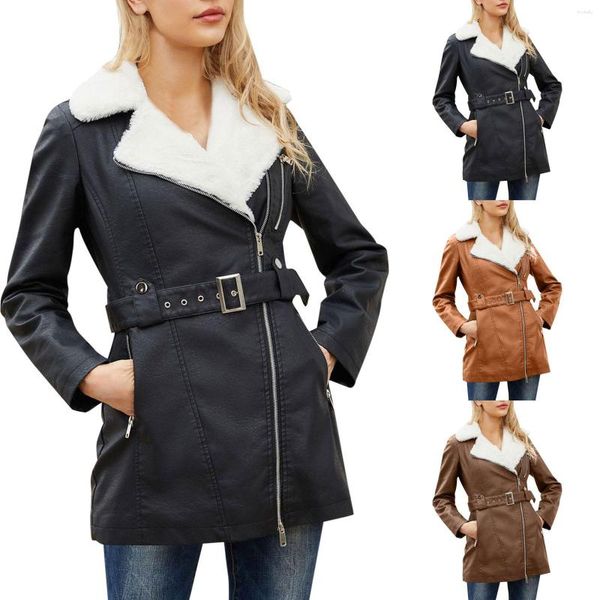 Damenjacken Langarmer Fleece Leder Jacke Revers Doppelkopf Reißverschlussgürtel warmer Herbst und Winter L5