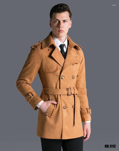 Trench maschile Classic Brand Suede Coat Mens Autumn/Winter England Army Green Green UK Maschio Causal Fabric Trenchcoat in vendita