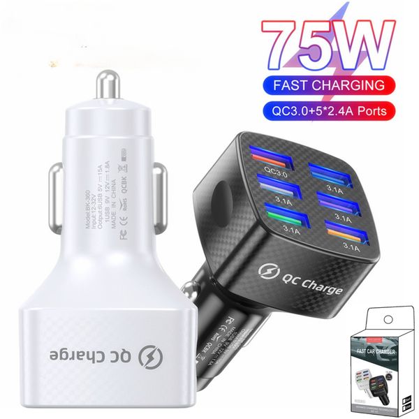 6-Port-LED-Autoladegerät 3,1 A USB QC3.0 Typ C Universelles Schnellladen für iPhone 11 12 13 Pro Max Samsung Android-Telefon Mini-Schnellladegeräte Fahrzeugadapter Farbfeld hinzufügen