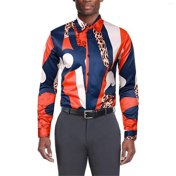 Men's Casual Shirts Men Long Sleeved Shirt Leopard Color-Matching Turn-Down-Collar Dress Slim Fit Harajuku Button Cardigan Male Coat