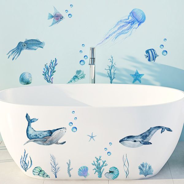 Наклейки на стены морские животные для душевой комнаты для ванной комнаты кит -водоросли медуза.