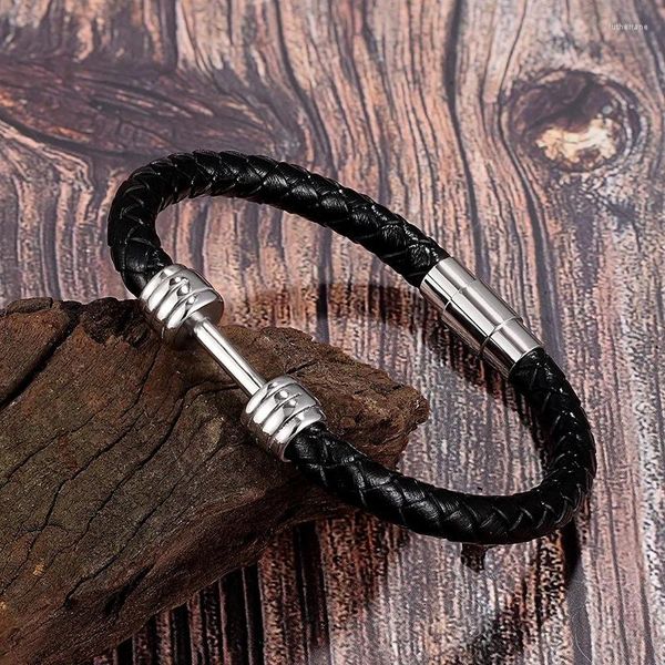 Bracelets de charme de titânio de aço de aço masculino Cupleira de couro tecida Pulseira de fivela de fivela de fivela de halteres de halteres personalizados