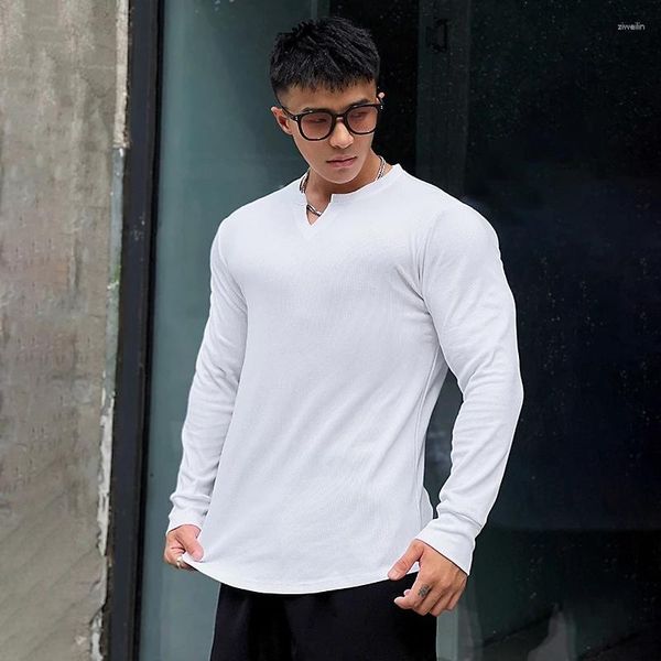 Camisetas masculinas 2023 cor de fitness de algodão de algodão comprido de coloração sólida