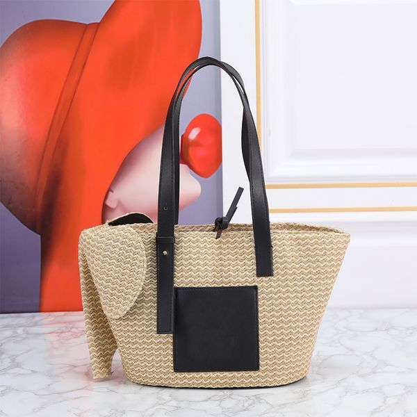 Bolsa de compras tecida de palha de grande capacidade Bolsa de bolsas de bolsa de couro decoração de letra decoração amarre corda vedação de tronco de elefante design