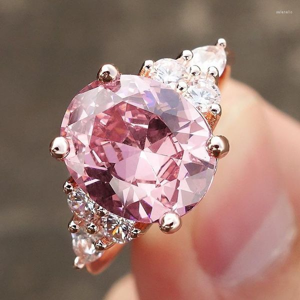 Кластерные кольца элегантный розовый хрустальный кубический циркон женщины кольцо принцесса свадебная панк -полоса розовое золото цвет женского полю
