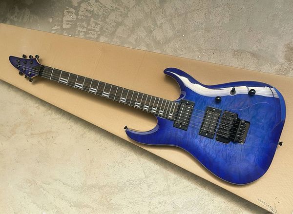 Spezielle kundenspezifische glänzende blaue E -Gitarre mit Tremolo -Brücke, gestepptes Maple -Top kann angepasst werden