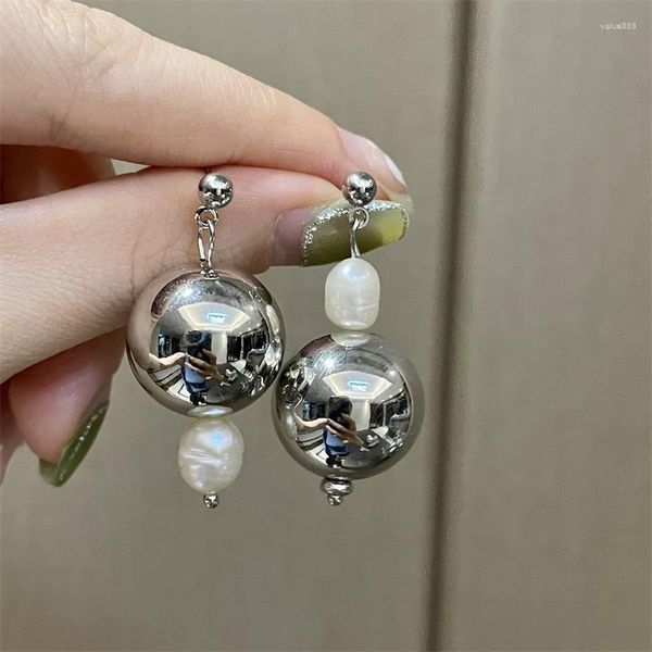Brincos de bloqueio de bola de metal de metal de prata na moda Pearl irregular para mulheres meninas moda moda estilo coreano Jóias longas desgaste da festa