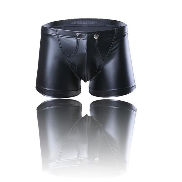 MUITAS MENINOS SEXY Lingerie boxers de couro faux shorts Botão de roupa íntima gay de roupa de baixo com bolsa de bulge slim cortada látex marca