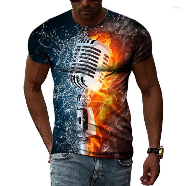 Camisetas de camisetas masculinas Música de moda de moda de verão T-shirt Hip-hop Microfone 3D Impressão Top casual O-pescoço de manga curta