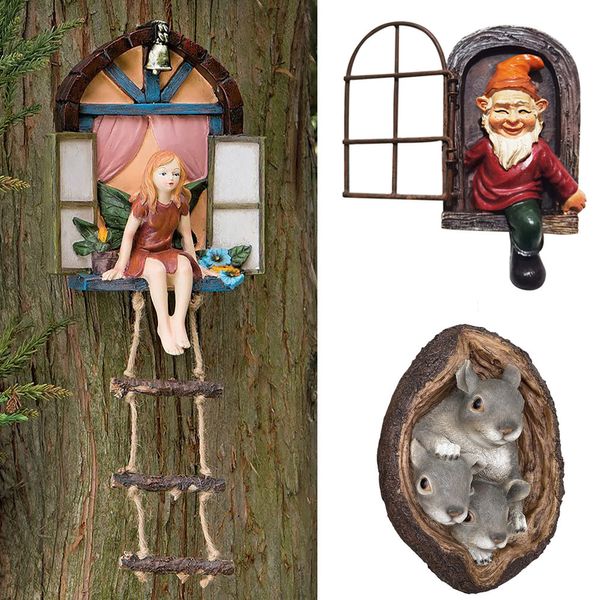 Objetos decorativos Figuras da casa de fadas em árvore pendurada Janela estatueta Sitting Fairy Ladder Resin Craft estátua Ornamento ao ar livre para decoração de jardim em casa 230821