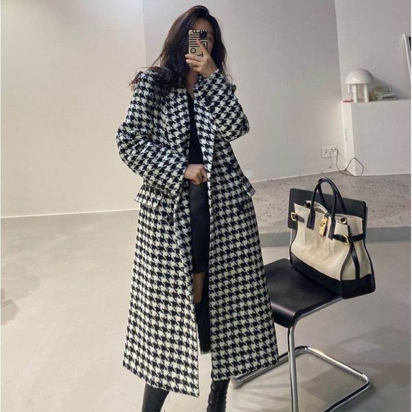 Womens Wolle Mischungen Frauen Streetstyle Streetstyle Vintage Loose Fashion Hound tooth Long Coats Casual Herbst Winter Harajuku Allmatch Korean Cosy Outwear 230822