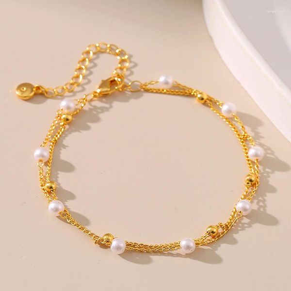 Braccialetti Link Braccialette di rame Gold 18K Versione coreana Bracciale Pearl Romantico Personalità unica Gioielli Regalo di compleanno per donne