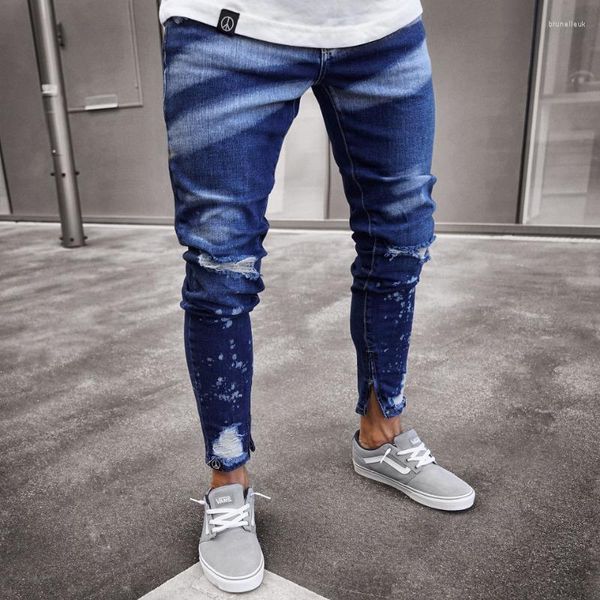 Jeans maschile europeo e americano strappato con cerniera dipinta con cerniera personalizzata slim coda piena gamba strappata uomini magri