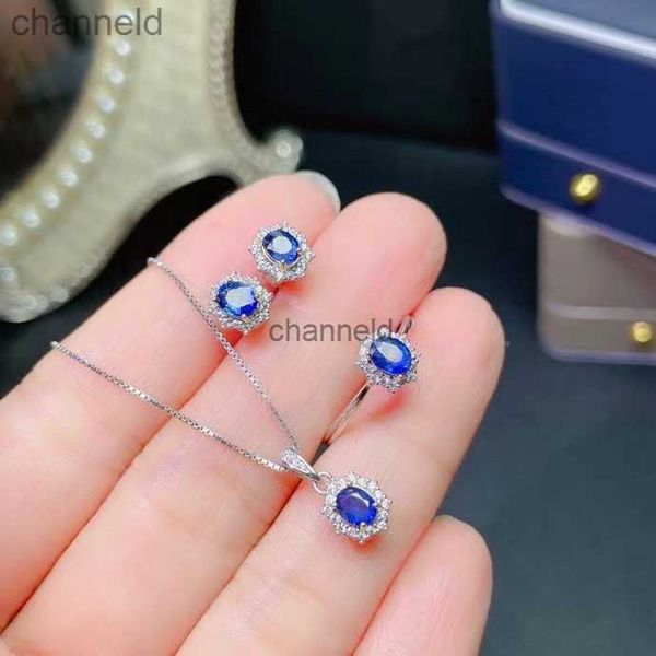 Legolontà del lampadario alla moda oceano blu sappiano set di gioielli tra cui orecchini ad anello e collana gemma naturale Real 925 Silver Luck Birthstone HKD230822