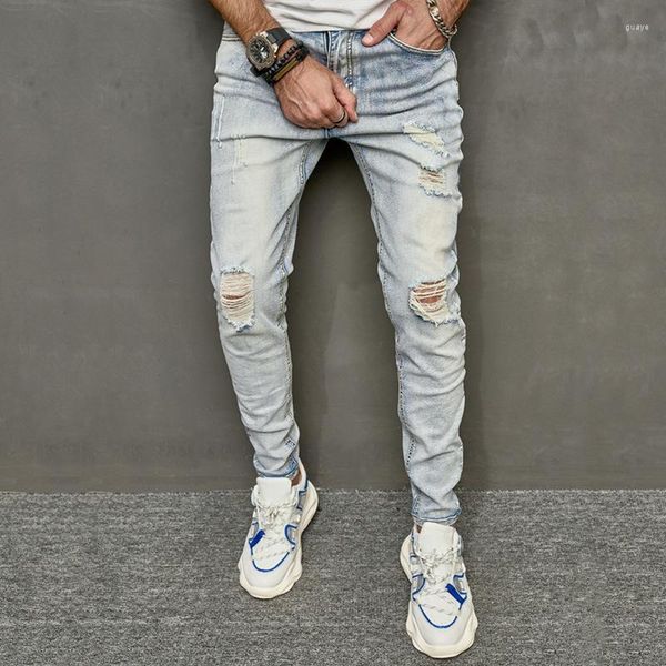 Jeans masculinos Brilhos vintage Slim Fit Elastic Trend Palnta de mendigo personalizada Moda de streetwear Male de jeans de comprimento total