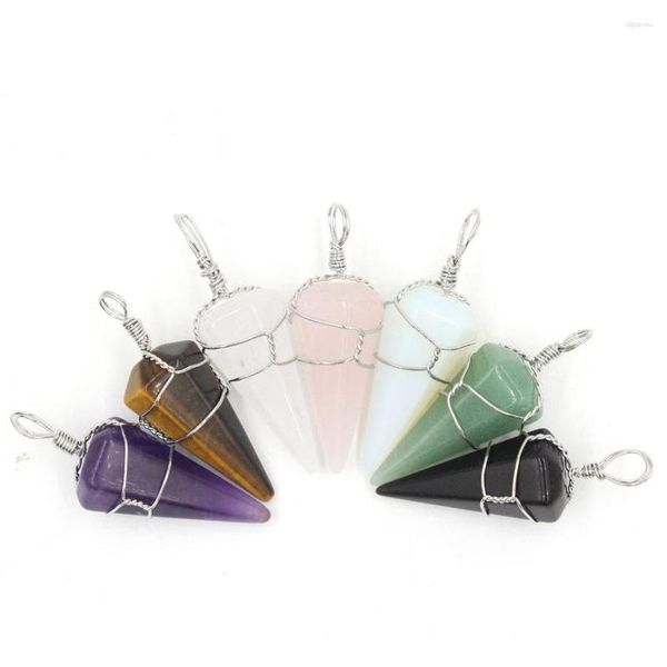 Anhänger Halsketten Drahtverpackungskegel Heilung spitzer Kristall Anhänger Reiki Rock Edelstein Stein Amethysts Pink Quarz Obsidian Opal Pendel Frauen