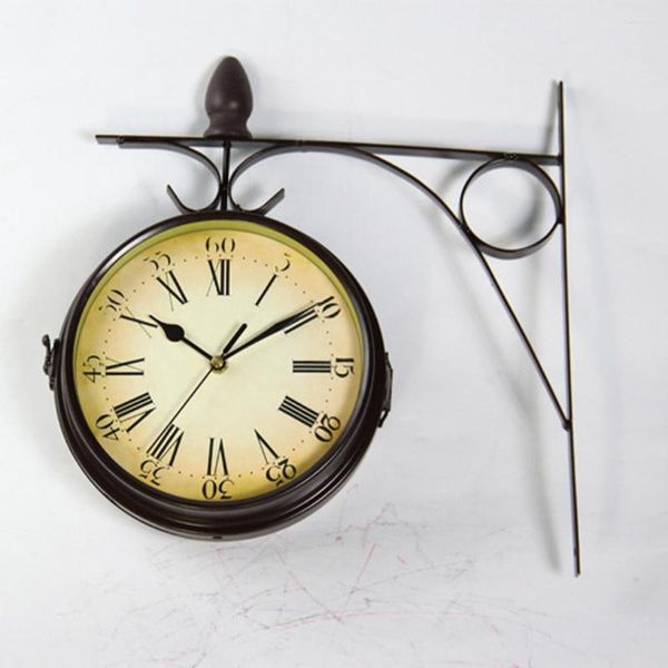 Relógios de parede estilo europeu Double Side pendurado Clock Iron Metal Home Decor Round Alarm