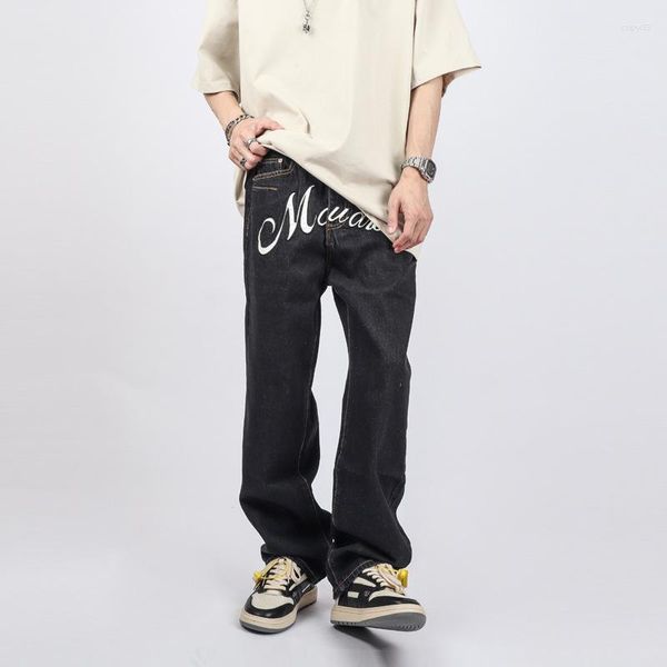 Мужские джинсы y2k с вышивкой мешковатой мужчина Trendyol Straight Pants High Street Hip Hop Black Streetwear Джинсовая