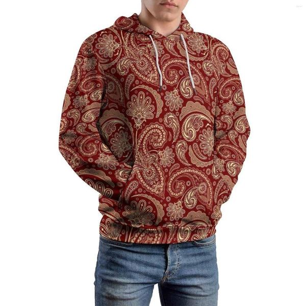 Hoodies masculinos Red Paisley Casual Sleeve Longa Impressão Vintage Y2K Hoodie Autumn Classic Design Tops superdimensionados