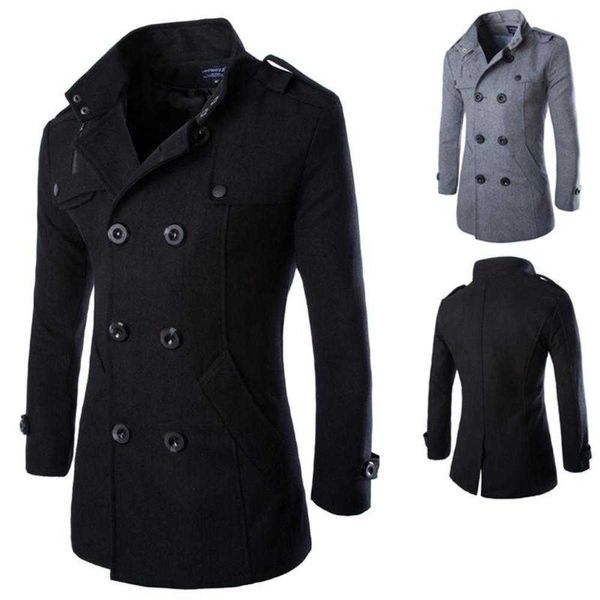 Homens de lã de lã de inverno masculino de alta qualidade de cor simples mistura simples ervilha de lã Trench masculino casual sobrecarregando