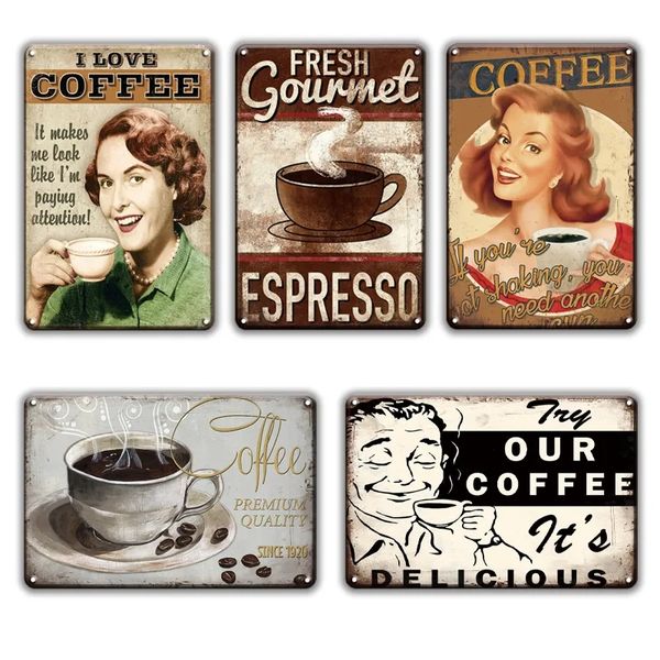 Shabby Chic Coffee Time Iron Painting Vintage Kaffee -Metall -Poster Frisch Gourmet Zinnschild Restaurant Cafe Küche Home Lustige Dekor Wand Aufkleber 30x20cm W01