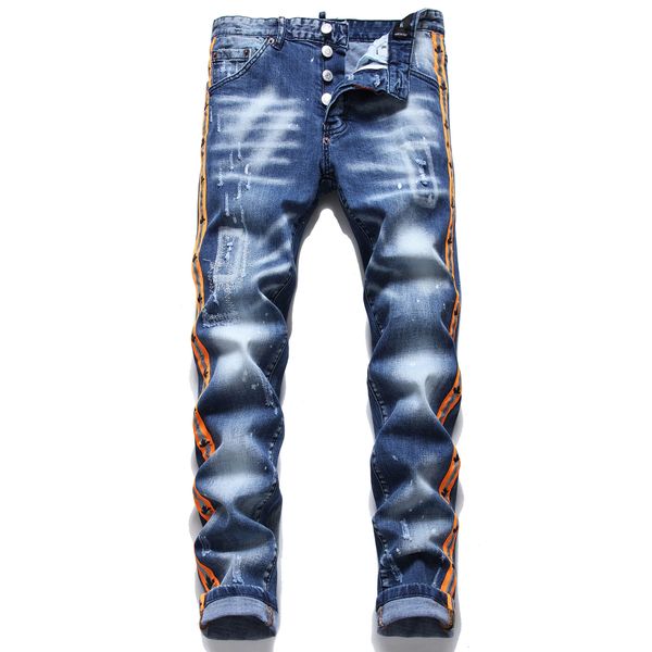 Herrenjeans schlanke fit weiße Stretchjeans mit Seitenorangenband Enge Bettlerhosen