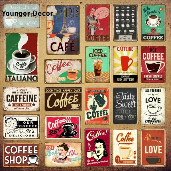 Paris Cafe Coffee Shop Tin Sign Caffeine Vintage Metal Place Cup Drink Poster Cozinha Decoração de parede de parede Posters retrô Love Coffee Iron Pintura Decoração de casa 30x20cm W01