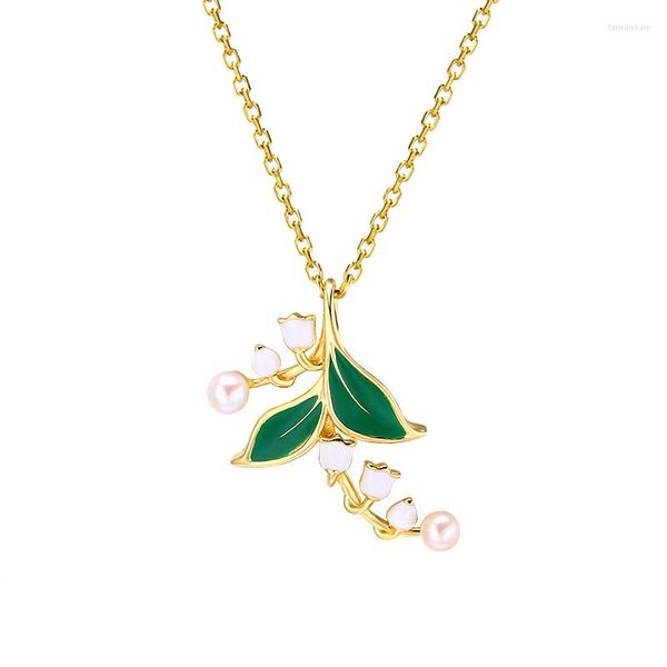 Colares pendentes Lily of the Valley Colar em 14k, banhado a ouro 925 prata esterlina com pérolas naturais e contas de esmalte