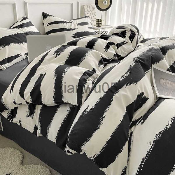 Set di biancheria da letto set di teli da letto 100 in lino in cotone lavata in stile piumino in bianco e nero set full size x0822