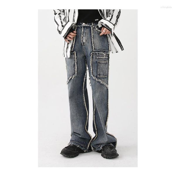 Herren Jeans Herbst- und Winter High Street Wide Leg Hosen Hosen Vintage Wäsche Rauh Kante gerade Rohr Spleißen männlich