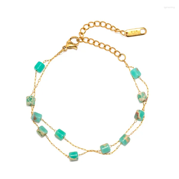 Strand Allme 2023 Fashion Green Blue Color Square Stone Natural Stone Braccialetti Donne Bracciale a doppio strato in acciaio titanio