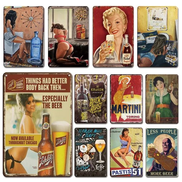 Vintage Pin Up Gir Metal Poster Wand Dekorative Bierbrand Metallplatten Retro Küche Tiki Bar Sexy Frau Zinnschild Dekoration Plaque Chic Eisenmalerei 30x20cm W01