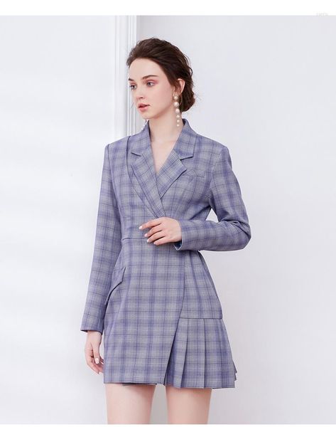 Trench feminino Casacos 2023 Estilo britânico clássico elegância azul assimétrico traje xadrez de traje casual vestido de emagrecimento