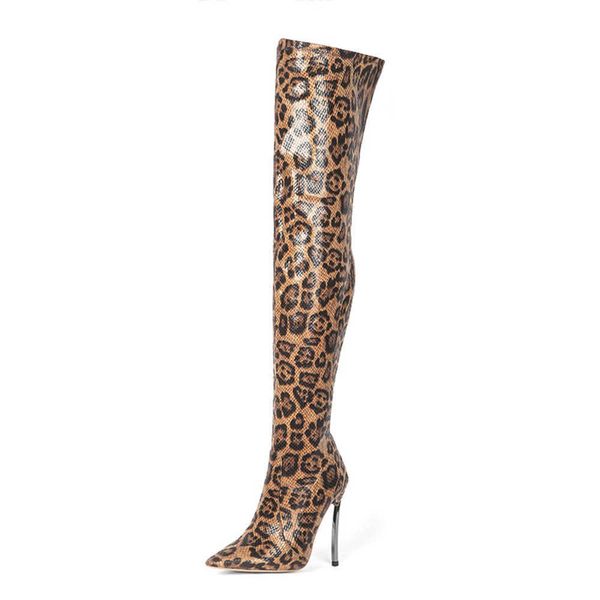 2022 Весна и осень новый стиль леопардовый припечаток с печатью колена сапоги мода Женские туфли железной пятки большие 230822