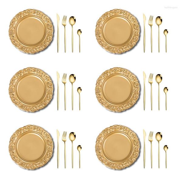 Platten Luxus -Tisch -Einstellung eleganter schwarzes Ladegerät Sets Kunststoff Hochzeit Custom Deco Gold Rim Trim White Arabesque für Partyereignisse