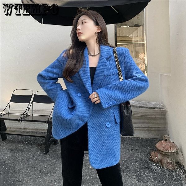 Womens Wool Mescola Women Elegant Blue Wool Coate Giacca femmina Doppio pezzi di leisure Blazer Brila Blazer Blazer Blazer Cardigan Autumn Inverno 230822