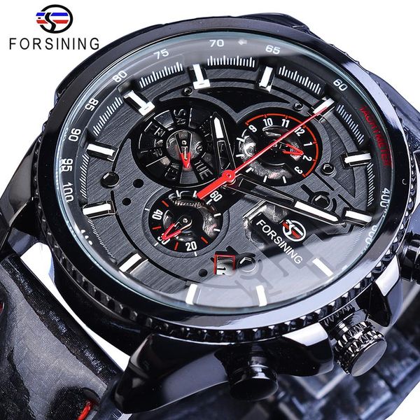 Forsining Black Racing Speed ​​Automatic Herren Watch Self-Wind 3 Dial Date Display poliertes Leder Sport Mechanical Clock Dropship211a