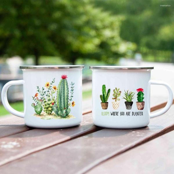 Tassen Kaktus Pflanze bedruckte Emaille Tasse kreative Kaffeewassermilchbecher Sommer Camping Camping -Griff Getränke Geschenke für Camper