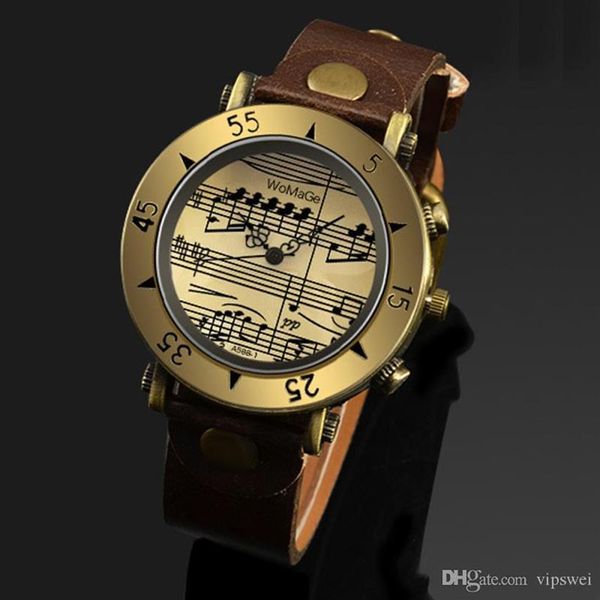 Display di 12 ore orologio in quarzo retrò tra cinturino in metallo bronzo marker di musica unisex orologi antichi stile romano275u