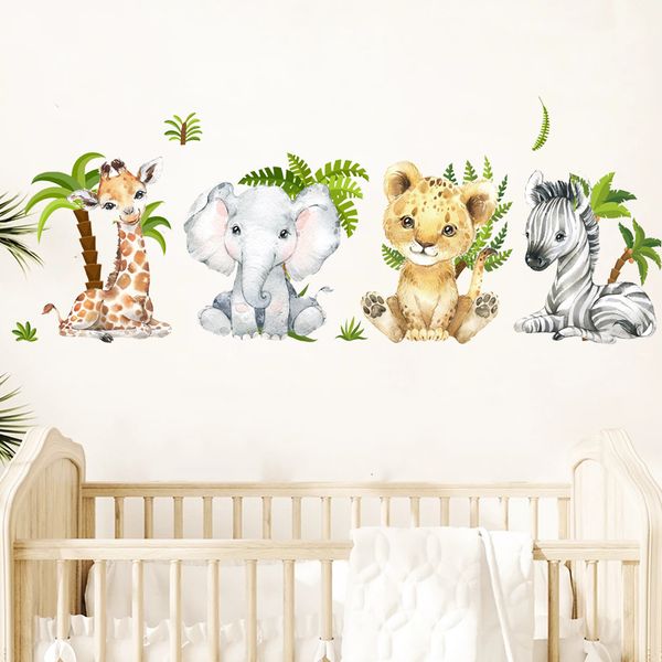 Adesivos de parede Jungle Animals Tree for Kids Rooms meninos quarto de bebê decoração de berçário papel de parede girafa elefante 230822