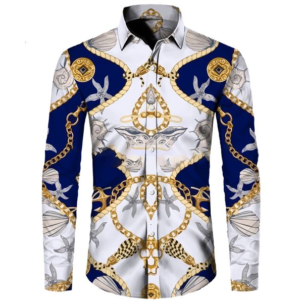 Herren lässige Hemden Luxus-Herrenhemden Mode goldene Kette 3D bedruckt Langarm Tops Turndown Kragen geknöpfte Hemd-Hemd-Party Club Cardigan Blusen 230822