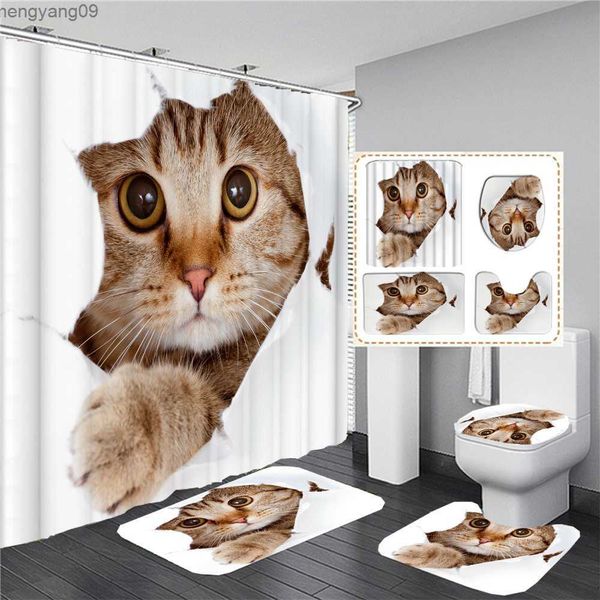 Duschvorhänge Cartoon schöne Katze gedruckt 3D Duschvorhang Wasserdichtes Badezimmer Vorhang Anti-Rutsch Bad Matte Set Teppich Teppich Home Dekor R230822