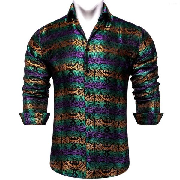 Camisas de vestido masculinas Paisley amarelo verde roxo para homens Polyster de seda de manga longa smoking smoking camisa de casamento de festas de festas