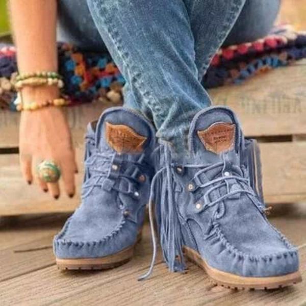 BOOT FAUX CUSO CUSO DE AUTONA LACE LACE UP ROUNTO TOE FEMANHO FEMANHO TORNO VINTAGE SOLID TASSEL Ladies Cowboy Boot Short 230821